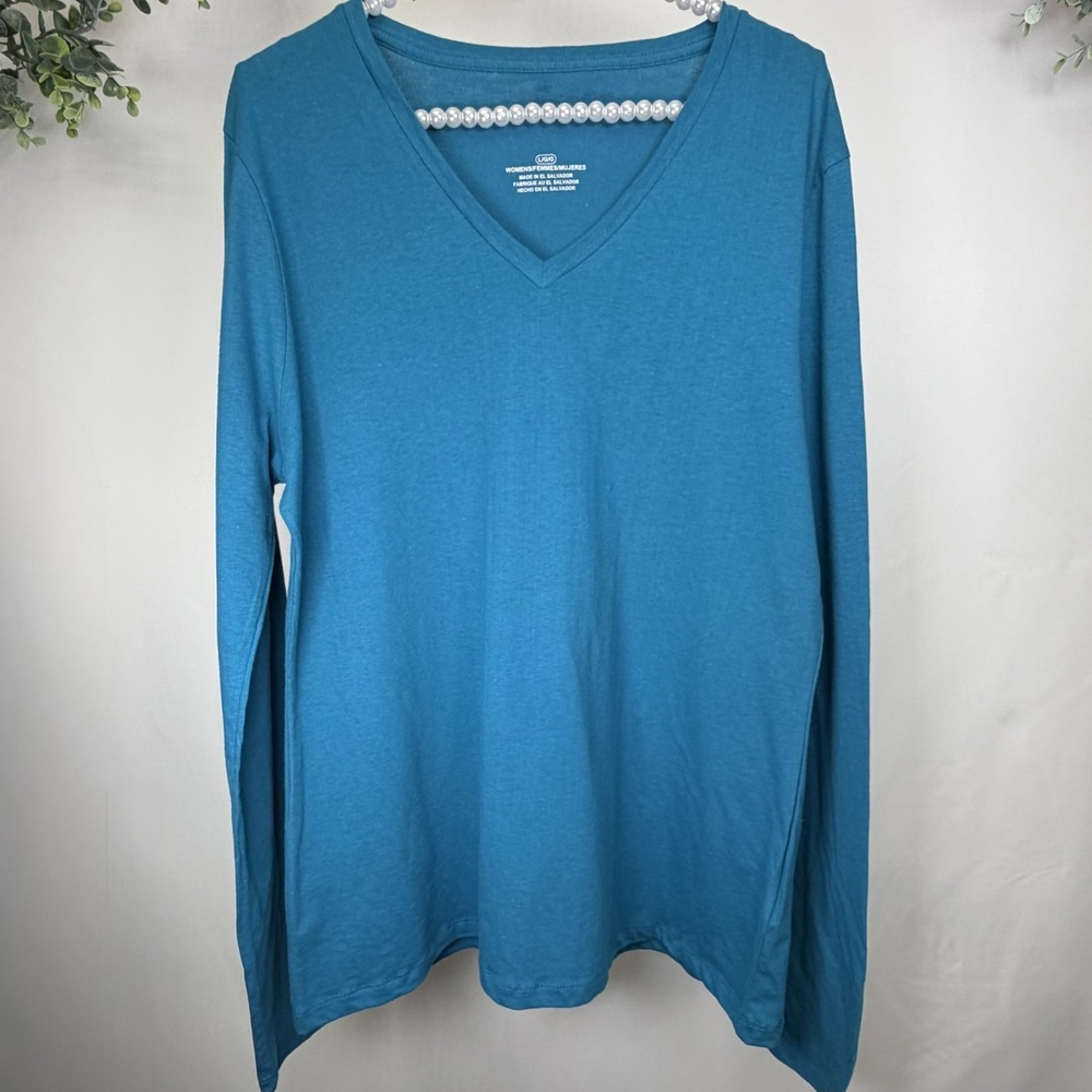 Fanatics Women's Large‎ Teal V Neck Long Sleeve Basic Tee 100% Cotton